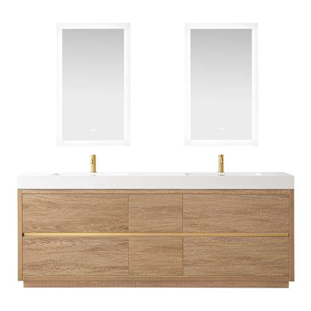 Miseno Huesca 84" Free Standing Double Basin Vanity Set with Cabinet, Composite Stone Vanity Top and Mirror North American Oak