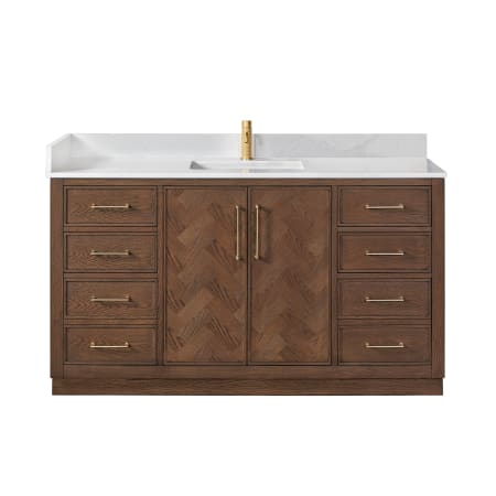 Miseno Jakarta 60" Free Standing Single Basin Vanity Set with Cabinet and Quartz Vanity Top Aged Dark Brown Oak