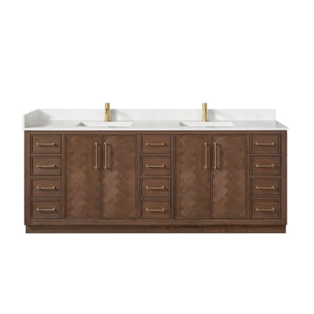 Miseno Jakarta 84" Free Standing Double Basin Vanity Set with Cabinet and Quartz Vanity Top Aged Dark Brown Oak