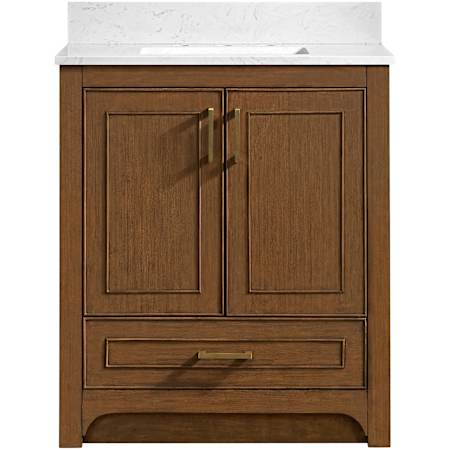 Miseno Lucerne 30" Single Basin Vanity Set with 3/4" Marble Stone Composite Top, Rectangular Sink, USB Port, and Electrical Outlet Dark Maplewood