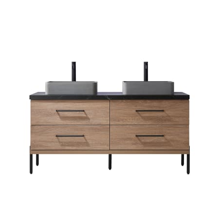 Miseno Trento 60" Free Standing Double Basin Vanity Set with Cabinet and Sintered Stone Vanity Top North American Oak / Black
