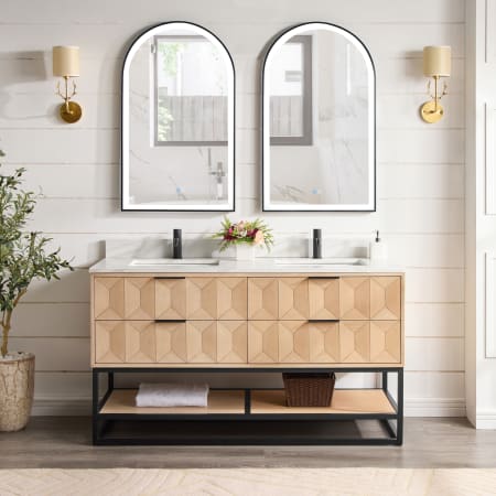 Miseno Milagro 60" Free Standing Double Basin Vanity Set with Cabinet and Quartz Vanity Top Washed Ash Grey / Fish Maw White / Black