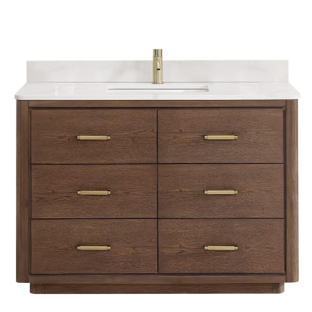 Miseno Porto 48" Free Standing Single Basin Vanity Set with Cabinet and Quartz Vanity Top Aged Dark Brown Oak / Fish Maw White