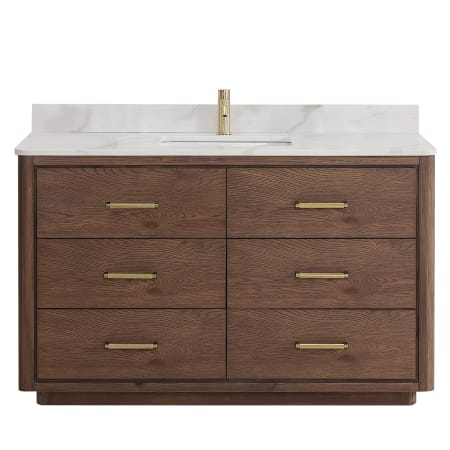 Miseno Porto 55" Free Standing Single Basin Vanity Set with Cabinet and Quartz Vanity Top Aged Dark Brown Oak / Fish Maw White