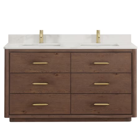Miseno Porto 60" Free Standing Double Basin Vanity Set with Cabinet and Quartz Vanity Top Aged Dark Brown Oak / Fish Maw White
