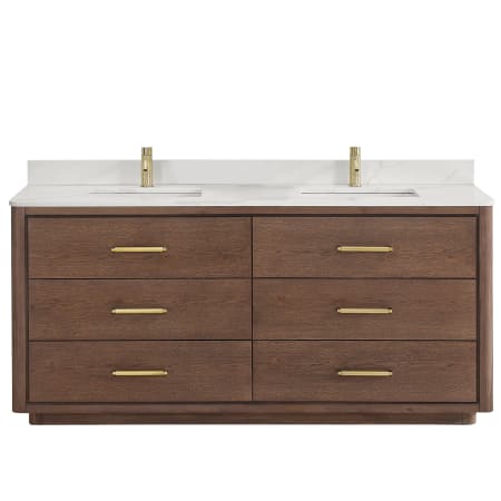 Miseno Porto 72" Free Standing Double Basin Vanity Set with Cabinet and Quartz Vanity Top Aged Dark Brown Oak / Fish Maw White