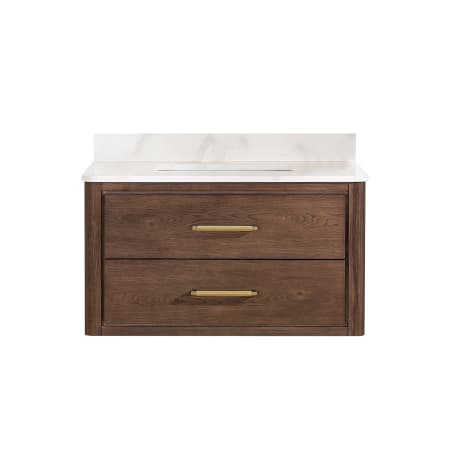 Miseno Cristo 36" Wall Mounted Single Basin Vanity Set with Cabinet and Quartz Vanity Top Aged Dark Brown Oak / Fish Maw White