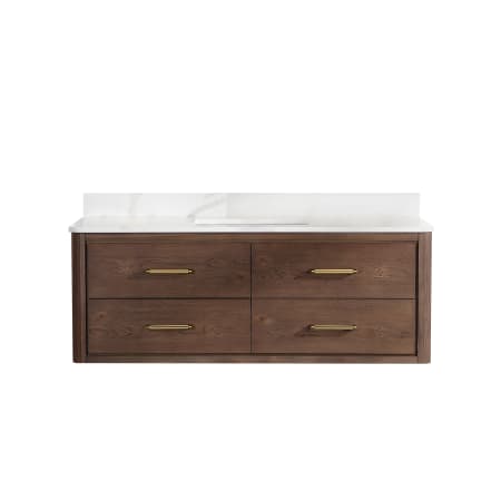 Miseno Cristo 54" Wall Mounted Single Basin Vanity Set with Cabinet and Quartz Vanity Top Aged Dark Brown Oak / Fish Maw White