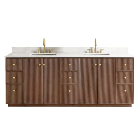 Miseno Oza 84" Free Standing Double Basin Vanity Set with Cabinet and Quartz Vanity Top Aged Dark Brown Oak
