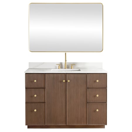 Miseno Oza 48" Free Standing Single Basin Vanity Set with Cabinet, Quartz Vanity Top and Mirror Aged Dark Brown Oak