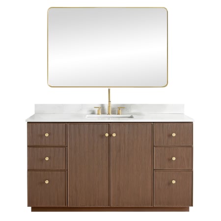 Miseno Oza 60" Free Standing Single Basin Vanity Set with Cabinet, Quartz Vanity Top and Mirror Aged Dark Brown Oak
