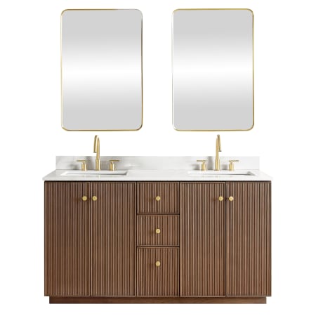 Miseno Oza 60" Free Standing Double Basin Vanity Set with Cabinet, Quartz Vanity Top and Mirror Aged Dark Brown Oak