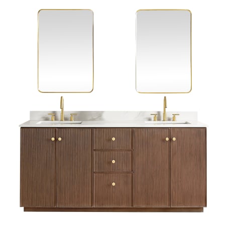 Miseno Oza 72" Free Standing Double Basin Vanity Set with Cabinet, Quartz Vanity Top and Mirror Aged Dark Brown Oak