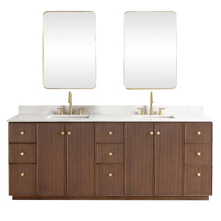 Miseno Oza 84" Free Standing Double Basin Vanity Set with Cabinet, Quartz Vanity Top and Mirror Aged Dark Brown Oak