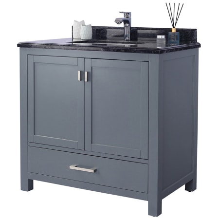 Miseno Prim 36" Free Standing Vanity Set with Grey Solid Oak Cabinet, Quartz or Cultured Marble Top, and Undermount Sink - Mirror Sold Separately Grey / Black Top