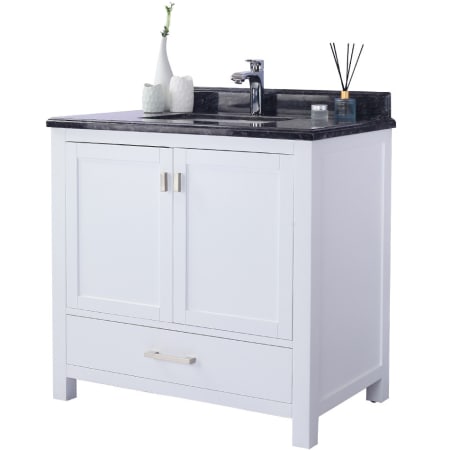 Miseno Prim 36" Free Standing Vanity Set with White Solid Oak Cabinet, Quartz or Cultured Marble Top, and Undermount Sink - Mirror Sold Separately White / Black Top