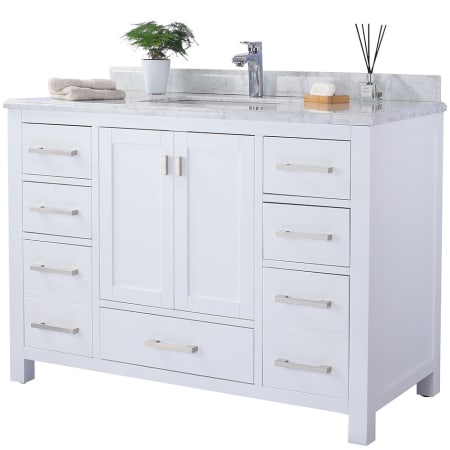 Miseno Prim 48" Free Standing Vanity Set with White Solid Oak Cabinet, Cultured Marble Top, and Undermount Sink - Mirror Sold Separately White / Carrara White Top