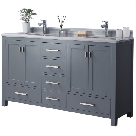 Miseno Prim 60" Free Standing Vanity Set with Grey Solid Oak Cabinet, Cultured Marble Top, and Undermount Sink - Mirror Sold Separately Grey / Marble White Stripe Top