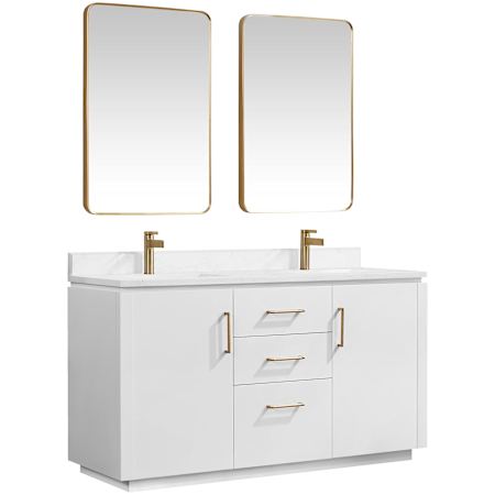 Miseno San 60" Free Standing Double Basin Vanity Set with Cabinet, Stone Composite Vanity Top, and Framed Mirror White