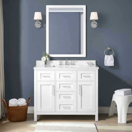 Miseno Tahoe 42" Free Standing Single Basin Vanity Set with Cabinet, Engineered Stone Vanity Top, and Mirror White / White Cultured Marble