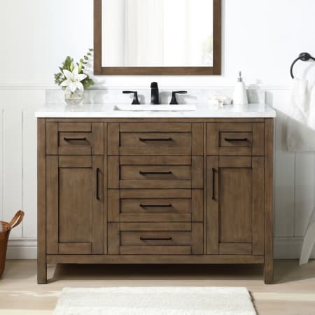 Miseno Tahoe 48" Free Standing Single Basin Vanity Set with Cabinet, Cultured Marble Vanity Top, and Mirror Almond Latte / White Cultured Marble