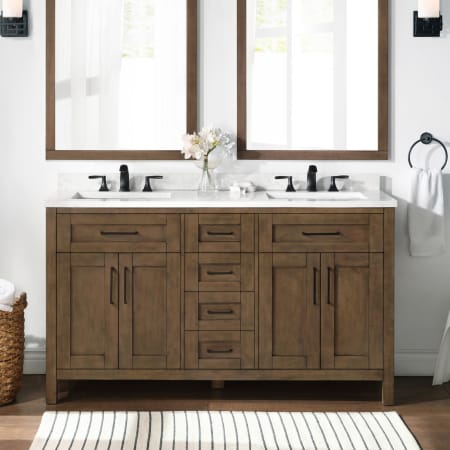 Miseno Tahoe 60" Free Standing Double Basin Vanity Set with Cabinet, Cultured Marble Vanity Top, and Mirrors Almond Latte / White Cultured Marble
