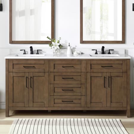 Miseno Tahoe 72" Free Standing Double Basin Vanity Set with Cabinet, Cultured Marble Vanity Top, and Mirrors Almond Latte / White Cultured Marble