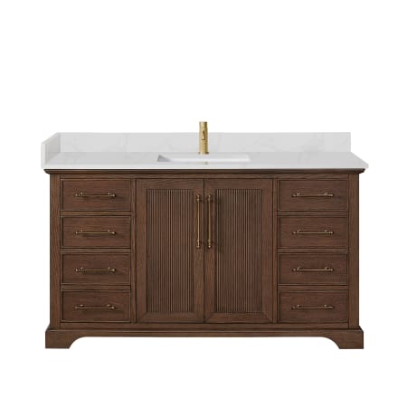 Miseno Tokyo 60" Free Standing Single Basin Vanity Set with Cabinet and Quartz Vanity Top Aged Dark Brown Oak