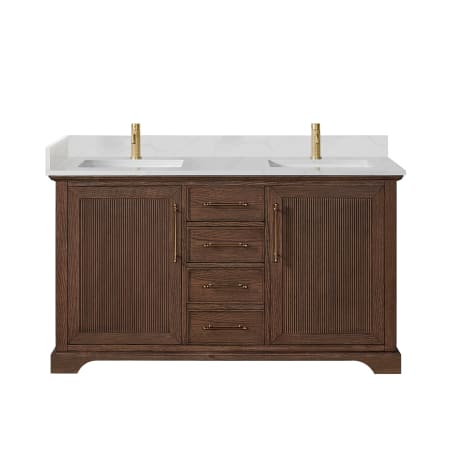 Miseno Tokyo 60" Free Standing Double Basin Vanity Set with Cabinet and Quartz Vanity Top Aged Dark Brown Oak