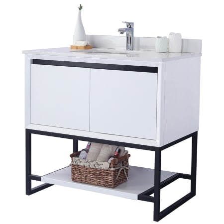 Miseno Repose 36" Free Standing Vanity Set with Solid Oak Cabinet, Quartz or Cultured Marble Top, and Undermount Sink - Mirror Sold Separately White / Quartz White Top