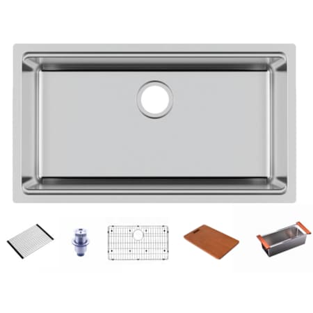 Miseno Mia 32" Stainless Steel Workstation Sink, Includes Rolling Mat, Sink Grid, Colander, Cutting Board, and Basket Strainer Stainless Steel