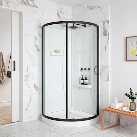 Miseno Breeze 35 in. L x 35 in. W x 77 in. H Round Corner Shower Kit With Sliding Door, Acrylic Wall and Shower Base Pan Black / Clear