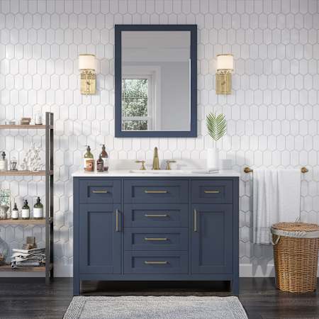 Miseno Tahoe 48" Free Standing Single Basin Vanity Set with Cabinet, Cultured Marble, Engineered Stone, Marble Vanity Top, and Mirror Midnight Blue / White Cultured Marble