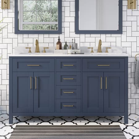 Miseno Tahoe 60" Free Standing Double Basin Vanity Set with Cabinet, Cultured Marble, and Marble Vanity Top Midnight Blue / White Cultured Marble