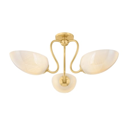 Mitzi Reva 3 Light 28" Wide Semi-Flush Ceiling Fixture with Cloud Glass Shades Aged Brass