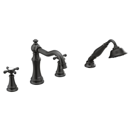 Moen Weymouth Deck Mounted Roman Tub Filler Trim with Personal Hand Shower and Built-In Diverter (Less Valve) Matte Black