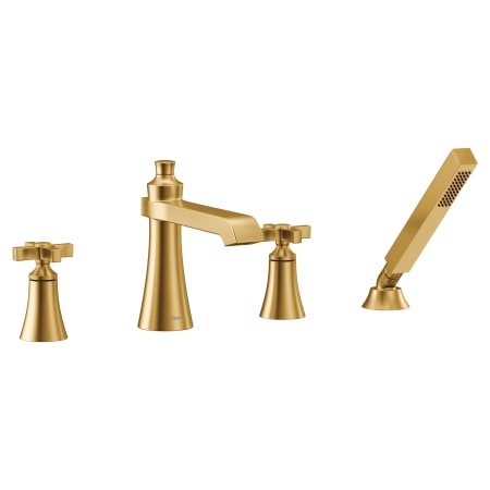 Moen Flara Deck Mounted Roman Tub Filler with Built-In Diverter - Includes Hand Shower Brushed Gold