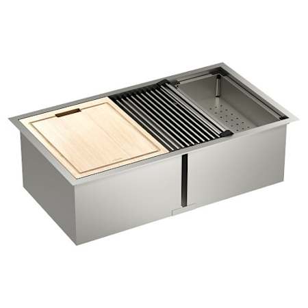 Moen 1800 Series 33" Undermount Double Basin Stainless Steel Kitchen Sink with Basin Rack, Basket Strainer, Colander and Cutting Board Stainless