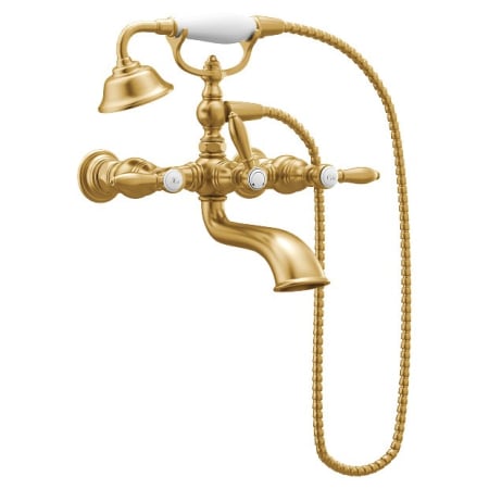 Moen Weymouth Floor Mounted Clawfoot Tub Filler with Built-In Diverter, Lever Handles, and Hand Shower - Risers and Rough-In Sold Separately Brushed Gold