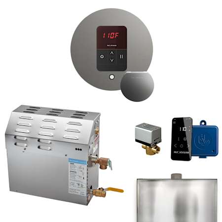 Mr Steam Super Itempo Round with Accessories Package 12 kW (12000 W) Steam Shower Generator Package with Round iTempo Control Satin Steel