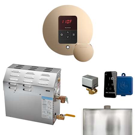 Mr Steam Super Itempo Round with Accessories Package 15 kW (15000 W) Steam Shower Generator Package with Round iTempo Control Polished Gold
