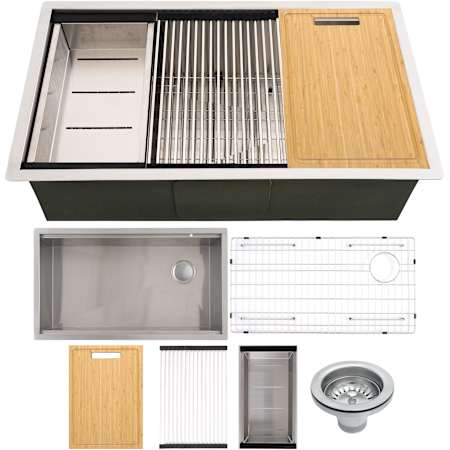 MSI 33" Undermount Single Basin Stainless Steel Kitchen Sink with Basket Strainer, Colander and Cutting Board Stainless Steel