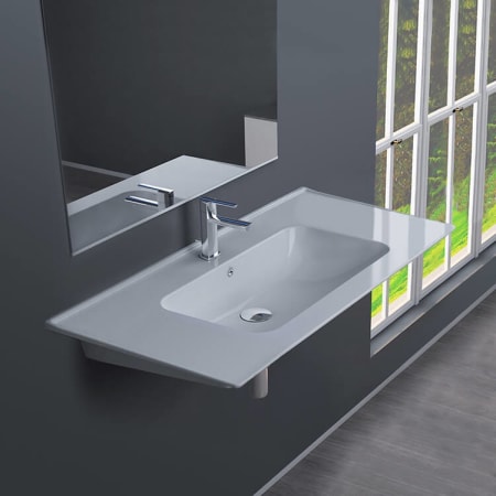 Nameeks Blue 31-1/2" Rectangular Ceramic Wall Mount / Drop In Bathroom Sink with Overflow and Single Faucet Hole White