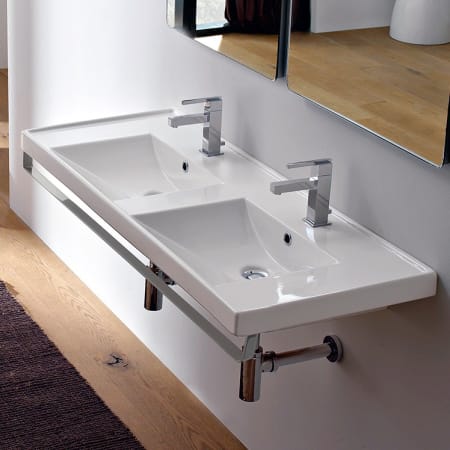 Nameeks Scarabeo 48" Ceramic Double Basin Bathroom Sink for Wall Mounted or Drop In Installation with Two Faucet Holes - Includes Overflow White