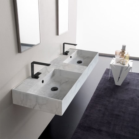Nameeks Scarabeo Teorema 2.0 56" Rectangular Ceramic Vessel or Wall Mounted Bathroom Sink with Two Faucet Holes - Includes Overflow Marble Design