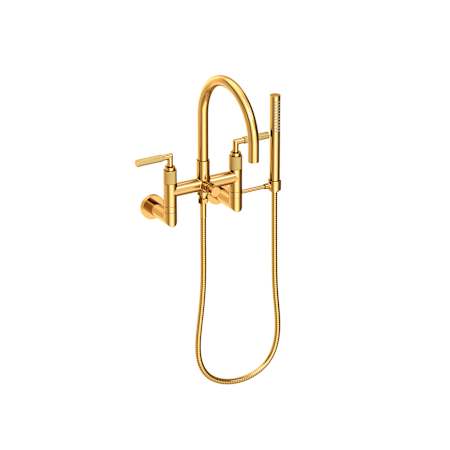 Newport Brass Kimbell Wall Mounted Tub Filler with Lever Handles Integrated Diverter and Hand Shower - Less Rough In Aged Brass