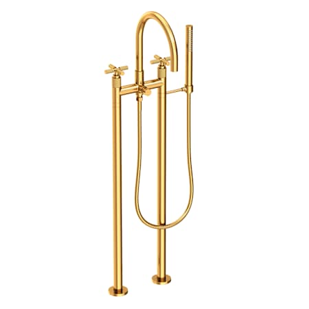Newport Brass Kimbell Floor Mounted Tub Filler with Cross Handles Integrated Diverter and Hand Shower - Less Rough In Aged Brass