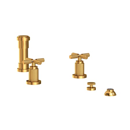Newport Brass Kimbell Widespread Bidet Faucet with Cross Handles and Drain Assembly Aged Brass