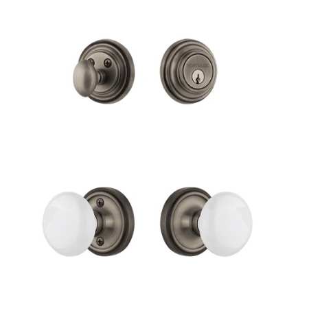 Nostalgic Warehouse Classic Rosette Entry Set with White Porcelain Knob - 2-3/8 Inch Backset Antique Pewter