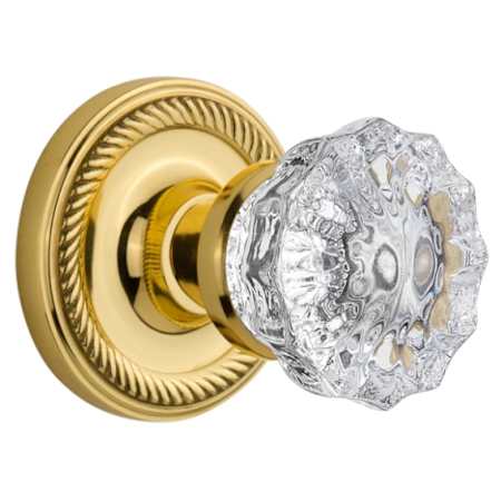Nostalgic Warehouse Crystal Solid Brass Privacy Door Knob Set with Rope Rose and 2-3/8" Backset Polished Brass